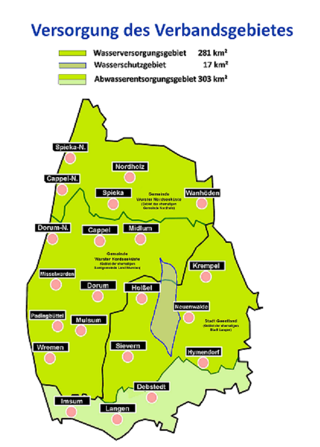 Karte des Verbandsgebiets mit Wasserversorgungsgebiet, Wasserschutzgebiet und Abwasserentsorgungsgebiet